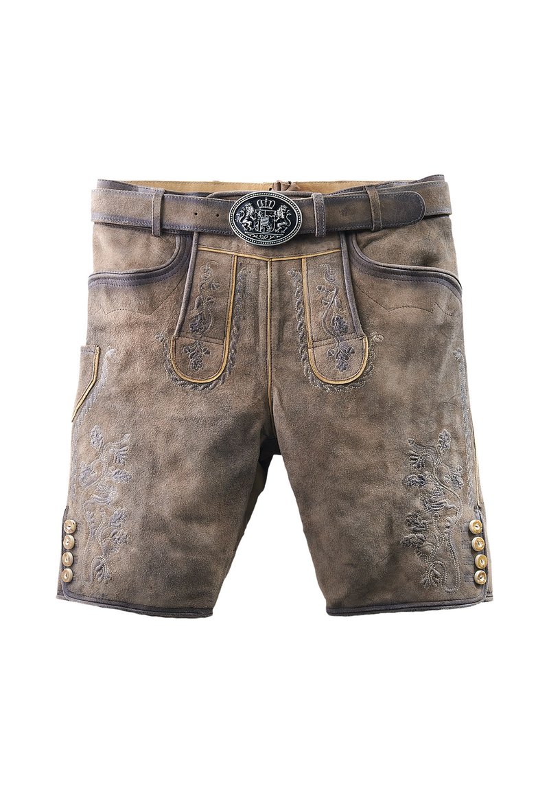 Lederhosen Shorts aus Leder, braun mit gelben Nähten. Merkmale dekorative Stickereien und Knöpfe an der Seite sowie eine gemusterte Gürtelschnalle aus Leder.