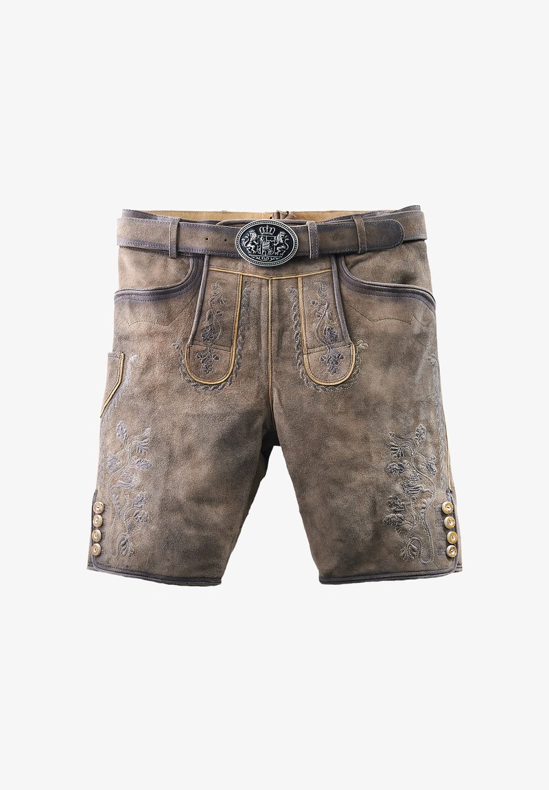 Kožené lederhosen šortky, hnědé s žlutým prošíváním. Obsahují dekorativní vyšívání a knoflíky po stranách, a vzorovanou koženou sponu na opasku.