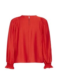 Rote Bluse mit langen, gepufften Ärmeln und gerafften Manschetten. Verfügt über einen Schlüsselhole-Verschluss im Rücken und aus einem strukturierten, leichten Stoff.