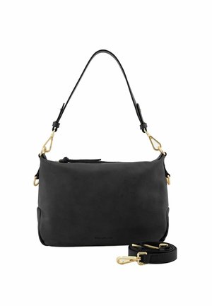 Borsa a mano in pelle nera con una texture liscia, dettagli in metallo dorato, tracolla rimovibile e un design rettangolare minimalista.