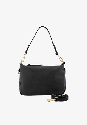 Schwarze Lederhandtasche mit glatter Oberfläche, goldenen Hardware-Details, abnehmbarem Trageriemen und minimalistischer rechteckiger Form.