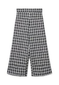 Schwarz-weiß karierte Culottes mit weitem Bein und einer strukturierten Stoffqualität. Der Bund ist glatt, was den Tragekomfort insgesamt erhöht.