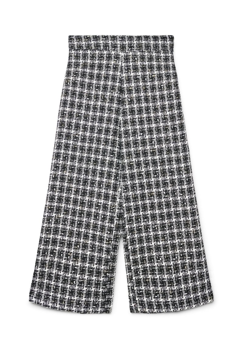 Schwarz-weiß karierte Culottes mit weitem Bein und einer strukturierten Stoffqualität. Der Bund ist glatt, was den Tragekomfort insgesamt erhöht.