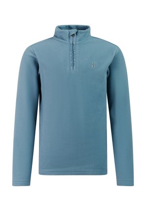 Hellblauer Fleece-Pullover mit langen Ärmeln, hohem Kragen, Viertel-Reißverschluss mit Knebel und dezentem Logo auf der linken Brust.