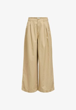 Bézs széles szárú nadrág pliszékkel, magas derékkal, gombos és cipzáras záródással, övbújtatókkal, oldalzsebekkel és gombos mandzsettákkal a szárvégeknél.