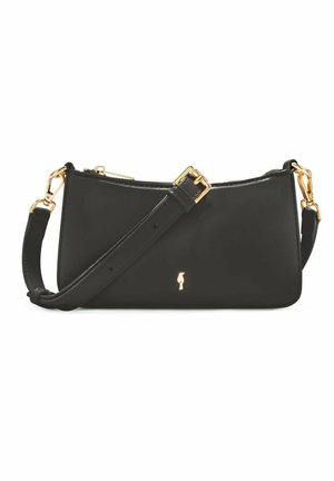 Czarna prostokątna skórzana torba na ramię z regulowanym paskiem i złotymi okuciami, w tym zamkiem błyskawicznym, klamrą i małym detalem logo.