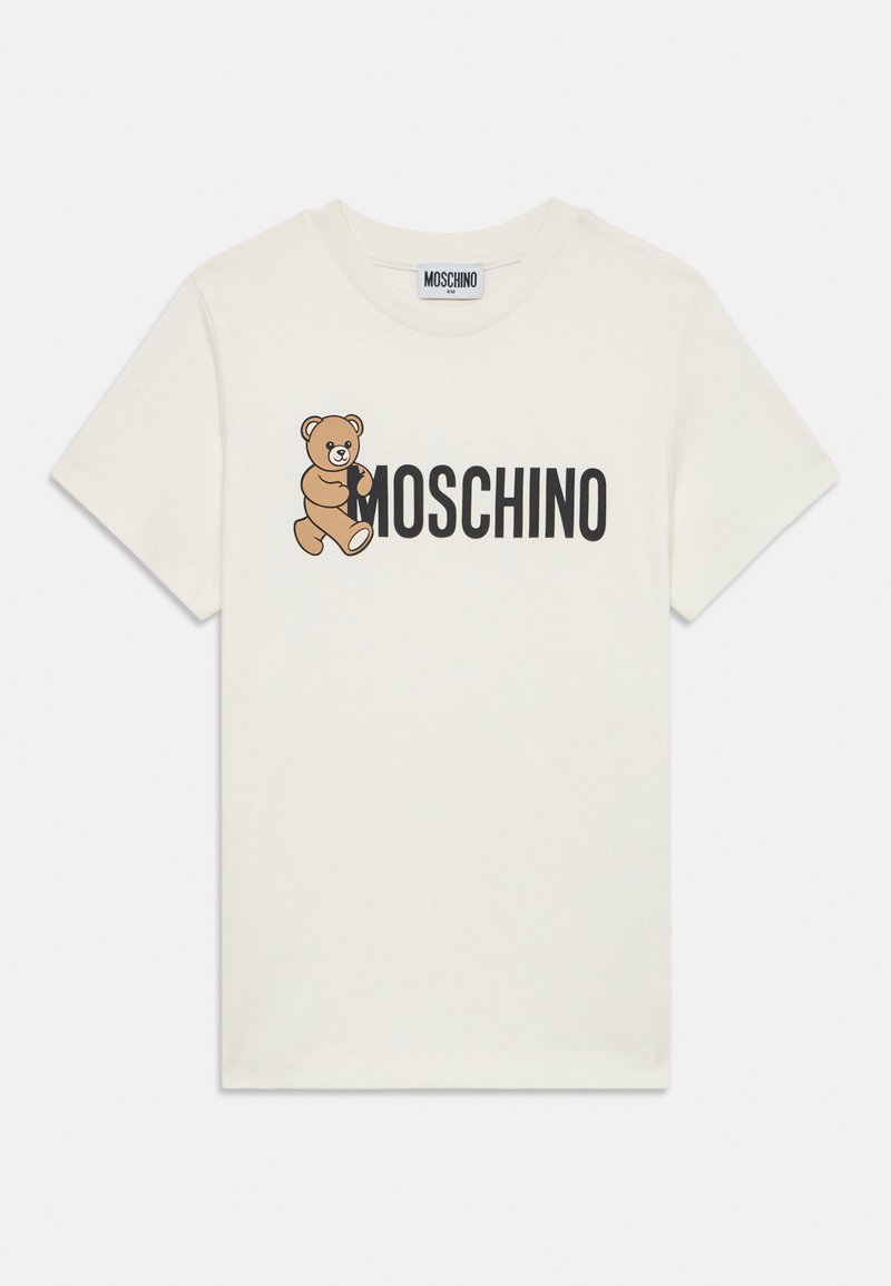 Crème katoenen T-shirt met een grafisch ontwerp van een bruine beer en de tekst "Moschino" in het zwart. Korte mouwen, ronde hals, normale pasvorm.