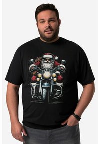 Černé tričko s grafickým znázorněním Santa Clause jedoucího na motorce, s propracovanými detaily v červené, bílé a stříbrné barvě, které předvádí sváteční design.