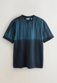 T-shirt à manches courtes avec un motif tie-dye dégradé bleu foncé, fabriqué en tissu doux, doté d'un col rond et d'une coupe droite à l'ourlet.