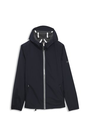 Veste légère marine avec une fermeture éclair à l'avant, deux poches latérales et une capuche ajustable. Présente un intérieur gris contrasté et des poignets élastiques.
