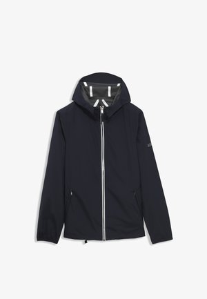 Granatowa lekka kurtka z zamkiem błyskawicznym z przodu, dwoma bocznymi kieszeniami i regulowanym kapturem. Posiada kontrastujące szare wnętrze i elastyczne mankiety.