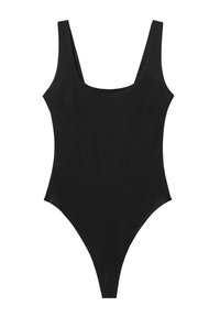 Schwarzer Badeanzug mit quadratischem Ausschnitt, breiten Schulterträgern, hohen Beinausschnitten und glattem, dehnbarem Material. Keine Verzierungen oder Muster.