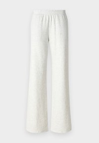 Light gray, flared sweatpants made of soft material with an elastic waistband. No pockets or visible seams, simple and smooth texture.