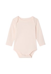 Langärmliger Baby-Body aus weichem, pinkem Baumwollstoff, mit rundem Ausschnitt, Druckknöpfen am Boden und einer sanften, glatten Textur.