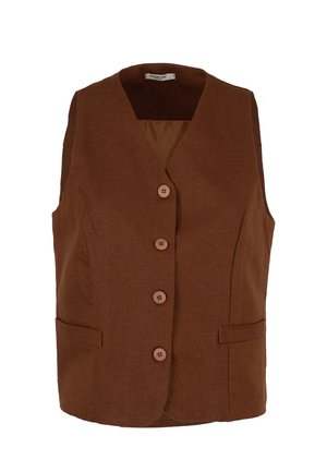 Gilet marrone senza maniche con quattro bottoni frontali e due tasche orizzontali a fessura, caratterizzato da un colletto a V e da una trama di tessuto semplice.
