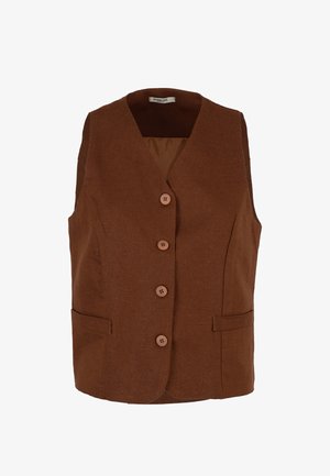 Gilet marrone senza maniche con quattro bottoni frontali e due tasche orizzontali a fessura, caratterizzato da un colletto a V e da una trama di tessuto semplice.