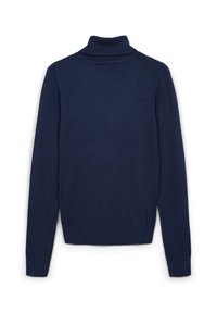 Dunkelblauer, langärmliger Rollkragenpullover mit gerippten Bündchen, Saum und Kragen, flach liegend und die Rückseite zeigend.