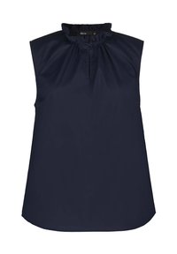 Marineblauwe mouwloze blouse met een ruches hoge halslijn, zachte textuur, knoopsluiting en afgeronde zoom, die een ontspannen pasvorm biedt.