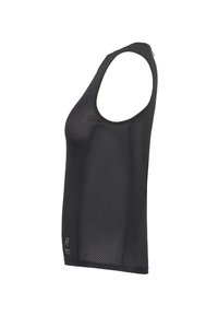 Czarny siateczkowy top na ramiączkach, bez rękawów, z okrągłym dekoltem i fakturowaną tkaniną zapewniającą przewiewność. Na dole znajduje się logo.