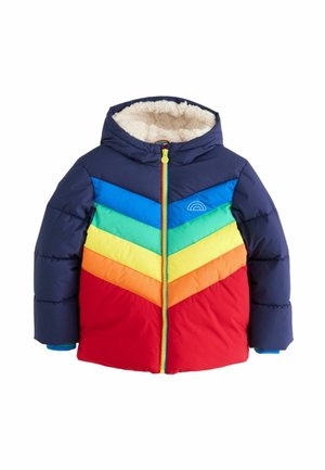 Giubbotto imbottito con cappuccio blu navy, strisce a zig zag di colori vivaci in blu, verde, giallo, arancione e rosso; foderato in morbido pelliccia sintetica color crema.