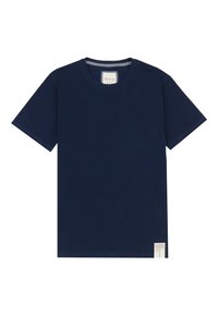 Marineblauwe t-shirt van zacht materiaal, met een ronde halslijn en korte mouwen. Inclusief een klein label aan de zoom met zorginstructies.