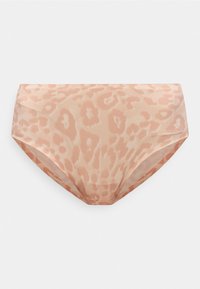 Μπεζ και ανοιχτό ροζ γατόχρωμο μπικίνι με ψηλή μέση και αδιάκοπη ραφή, με λείο ζωνάκι, σε λευκό φόντο.