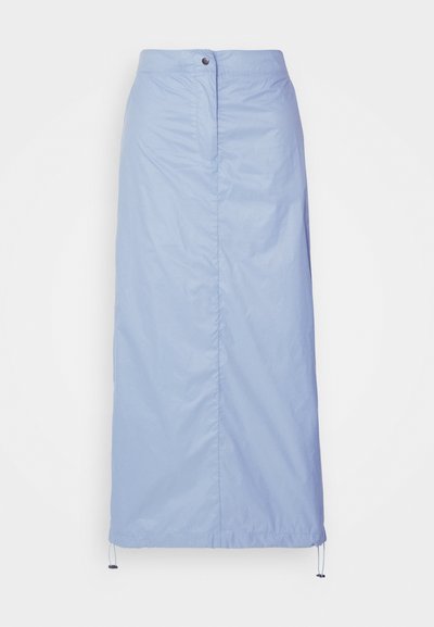 Light blue, mid-length skirt made of smooth, lightweight material with a straight cut, features a front button closure and drawstring hem.