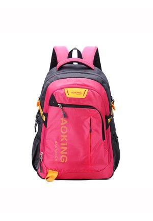 Zaino rosa e nero con più scomparti, dettagli gialli, spallacci imbottiti e un logo. Realizzato in tessuto resistente con una superficie liscia.