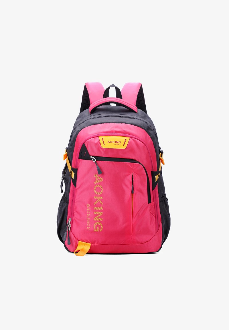 Rucksack in Pink und Schwarz mit mehreren Fächern, gelben Akzenten, gepolsterten Trägern und einem Logo. Hergestellt aus strapazierfähigem Stoff mit glatter Textur.