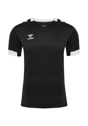 Czarna sportowa koszulka z krótkim rękawem, białymi mankietami, białymi akcentami na ramionach oraz białym logo hummel na piersi.