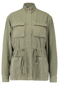 Olive green lightweight jacket featuring a stand collar, two chest pockets, and drawstring waist with gold-tone hardware accents.
