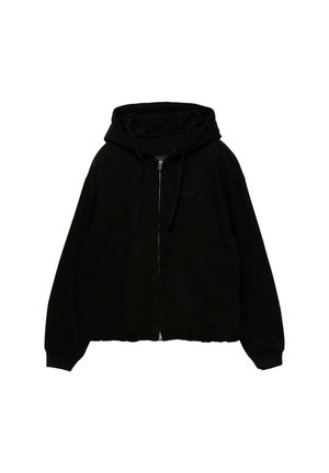 Crna zip-up dukserica s opuštenim krojem, velikom kapuljačom i prednjim džepovima. Izrađena od mekog materijala s minimalnim oznakama brenda.