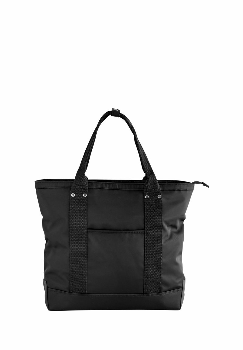 Schwarze Tragetasche aus strapazierfähigem Stoff, mit zwei stabilen Griffen, einem Reißverschluss oben und einer Fronttasche, mit glatter Textur und minimalistischem Design.