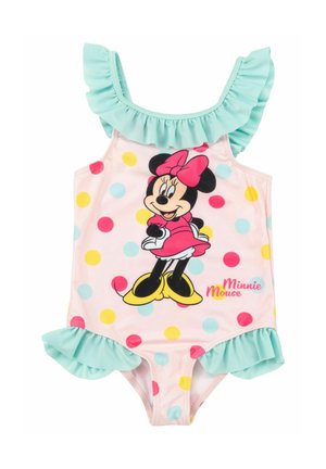 Costume da bagno intero di Minnie Mouse con uno sfondo rosa chiaro, pois colorati, spalline aqua con volant e un design stampato del personaggio.