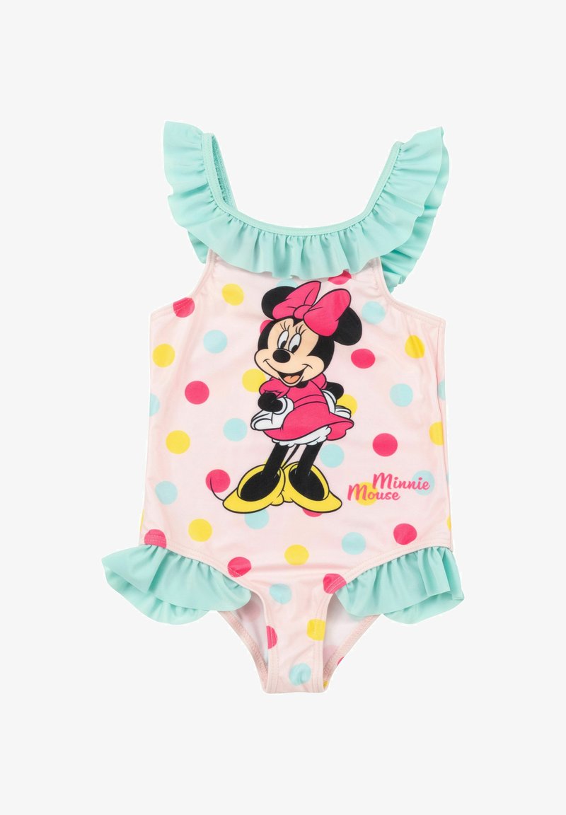 Costume da bagno intero di Minnie Mouse con uno sfondo rosa chiaro, pois colorati, spalline aqua con volant e un design stampato del personaggio.
