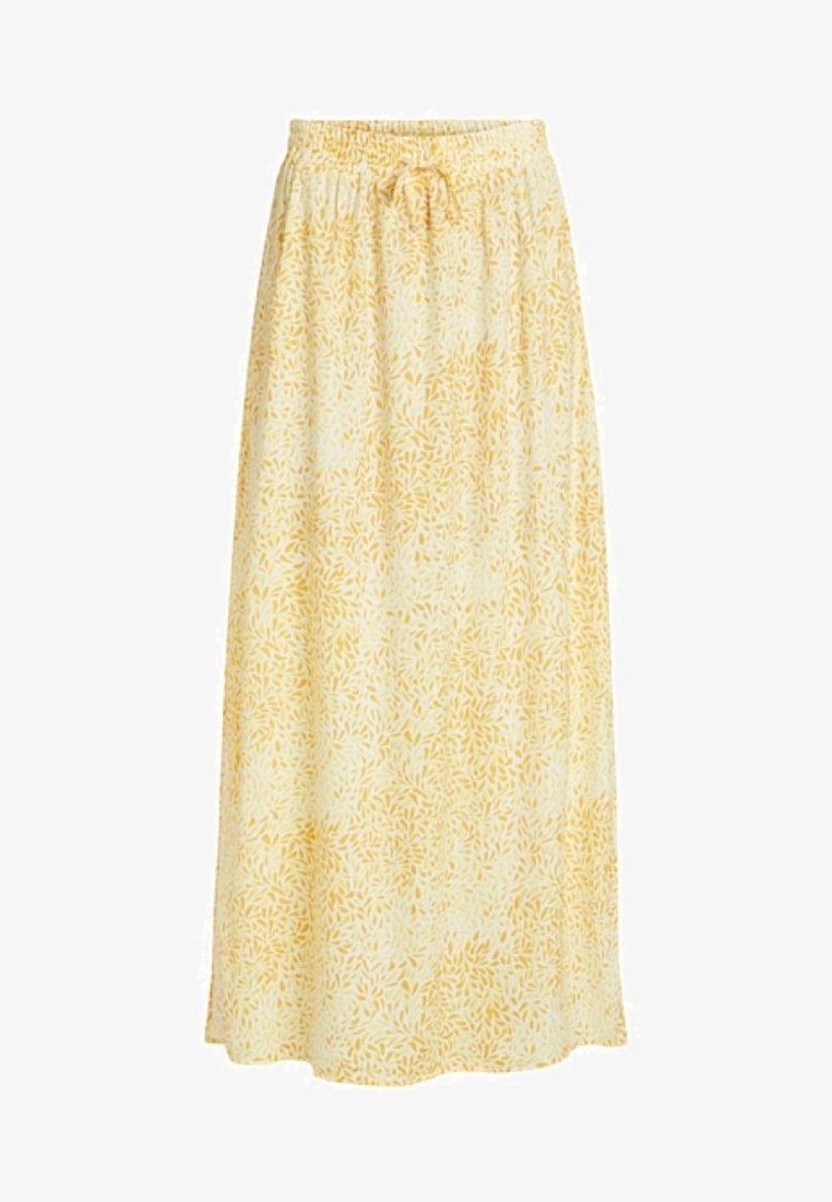 Jupe longue en tissu jaune clair avec un motif floral en jaune plus foncé, dotée d'une ceinture élastique et d'un cordon de serrage pour l'ajustement.