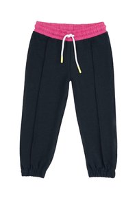 Marina blå sweatpants med ett rosa elastiskt midjeband och vit snörning med gula spetsar, avslutade med elastiska muddar vid anklarna.