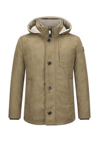 Braune wasserdichte Jacke mit Kapuze, Knopfverschluss, vorderen Taschen und strukturiertem Innenfutter. Weiches Material mit glatter Oberfläche.