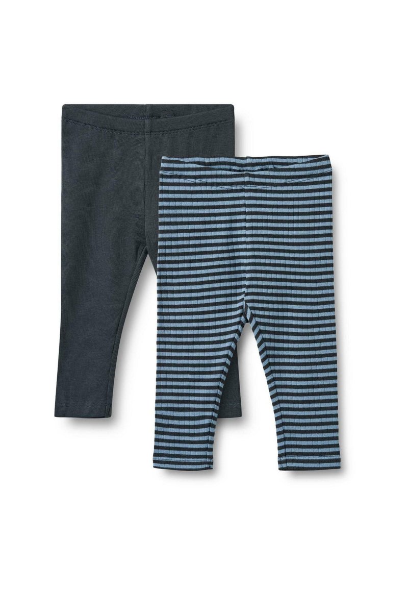 Kaksi paria lasten legginssejä: toiset yksiväriset tummanharmaat, toiset vaakasuorissa sinisissä ja mustissa raidoissa, pehmeää kangasta, elastiset vyötäröt.