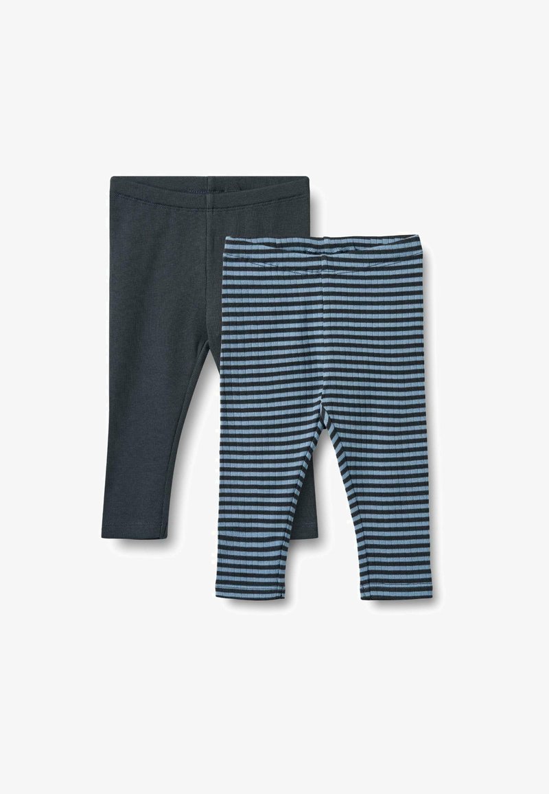 Două perechi de leggins pentru copii: una de culoare gri închis uniform, cealaltă cu dungi orizontale albastre și negre, dintr-un material moale, cu talie elastică.