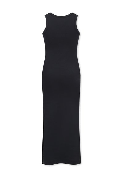 Abito maxi senza maniche nero con silhouette aderente, texture liscia e dettaglio a spacco laterale. Scollo rotondo semplice e design senza cuciture.