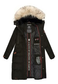 Black long parka coat with fur-lined hood. Thick, quilted design featuring red accents and multiple pockets. Includes branded interior details.