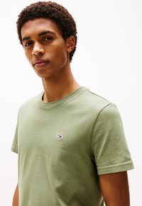 Tricou din bumbac verde, cu gât rotund, mâneci scurte și o mică emblema logo în roșu, alb și albastru pe piept.