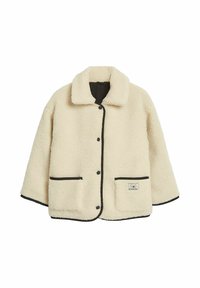 Krämfärgad faux shearling-jacka med krage, svart kant, framknäppning med tryckknappar och två stora fickor.