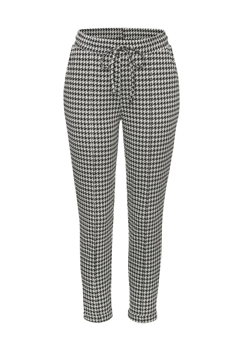 Čierno-biele nohavice s vzorom houndstooth, s elastickým pásom a šnúrkou. Tapered leg strih, vyrobené z jemného materiálu.