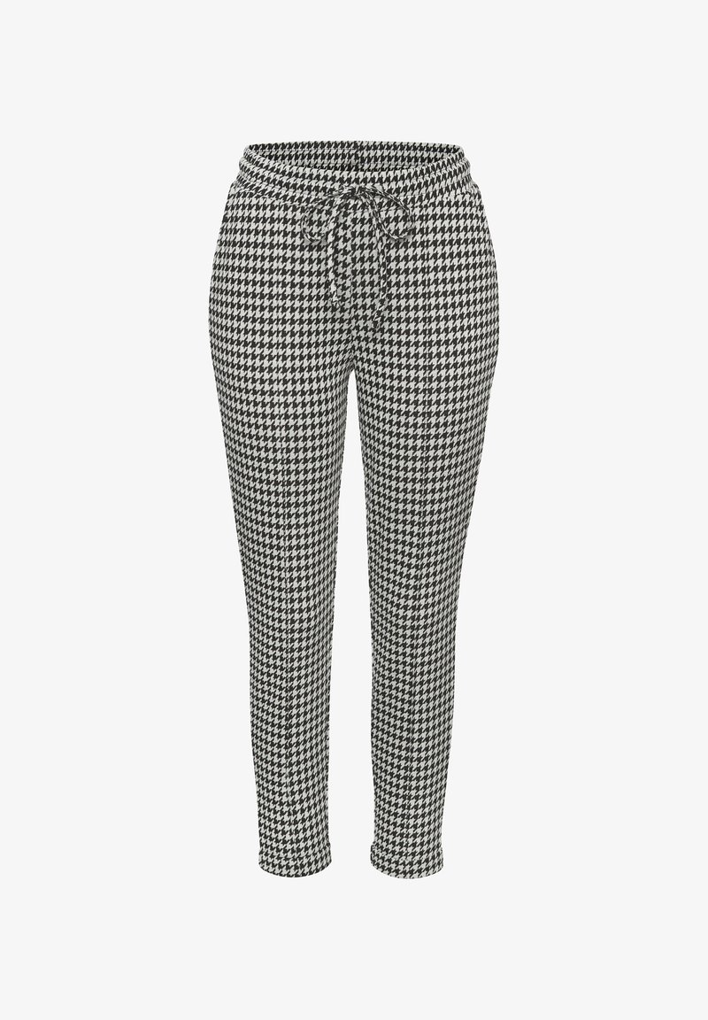 Pantalone s uzorkom hounds-tooth u crno-bijeloj boji s elastičnim pojasom i vezicom. Dizajn suženih nogu, izrađeni od mekanog materijala.