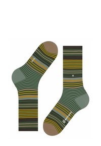 Calzini alla caviglia a righe verde, marrone e giallo. Realizzati in morbido tessuto con punta e tallone rinforzati. Presentano un piccolo accento in argento.