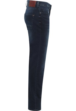 Donkerblauwe denim jeans met een recht model. Voorzien van een leren tailleband label, twee achterzakken en subtiele stikseldetails.