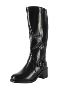 Stivale nero al ginocchio realizzato in materiale lucido, dotato di zip laterale, una cinghia con fibbia e un tacco grosso. Tessuto liscio con cuciture minime.