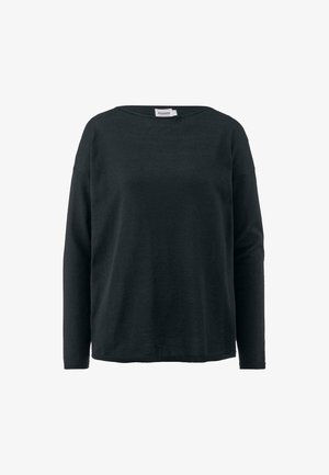 Musta pitkähihaine paita, jossa on löysä malli, leveä pyöreä kaula-aukko ja pehmeä pinta. Yksinkertainen muotoilu ilman näkyviä kuvioita tai yksityiskohtia.